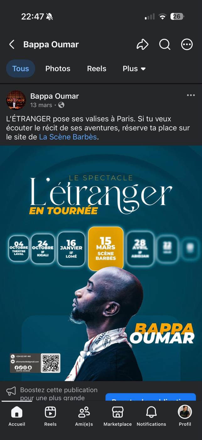 Affiche de L’Étranger annoncé à La Scène Barbès, Paris